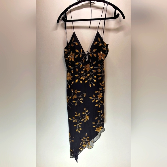 Venus vintage 100% silk golden floral embellished black dress - size medium - Picture 2 of 8